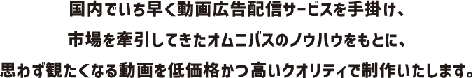 国内でいち早く動画広告配信サービスを手掛け、市場を牽引してきたオムニバスのノウハウをもとに、思わず観たくなる動画を低価格かつ高いクオリティで制作いたします。