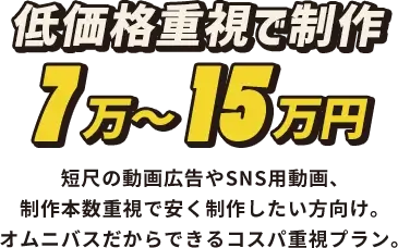 低価格重視で制作 7〜15万円 短尺の動画広告やSNS用動画、制作本数重視で安く制作したい方向け。オムニバスだからできるコスパ重視プラン。