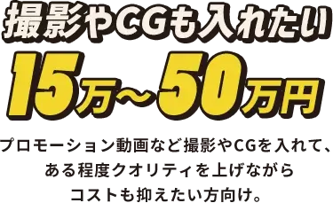 撮影やCGも入れたい 15〜50万円 プロモーション動画など撮影やCGを入れて、ある程度クオリティを上げながらコストも抑えたい方向け。