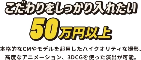 こだわりをしっかり入れたい 50万円以上 本格的なCMやモデルを起用したハイクオリティな撮影、高度なアニメーション、3DCGを使った演出が可能。